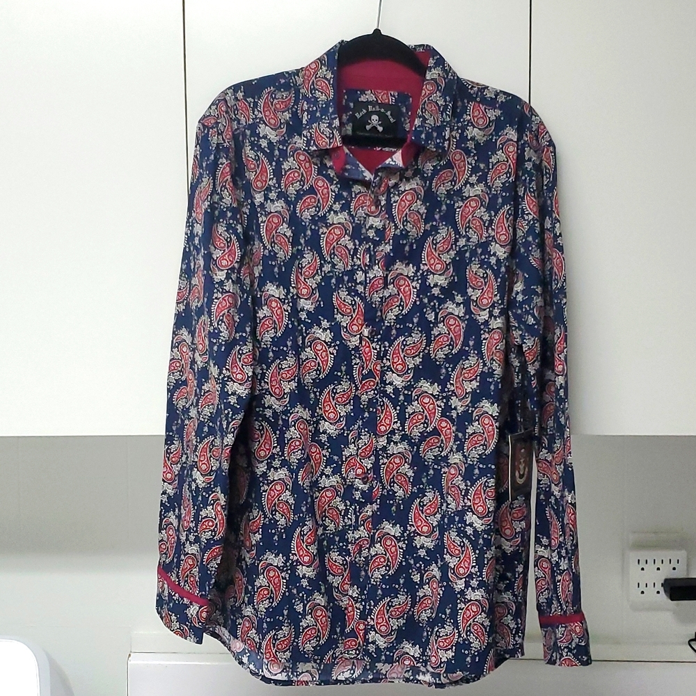 Rock Roll N Soul Mens XL Paisley Long Sleeved Shirt Blue Red White NWT